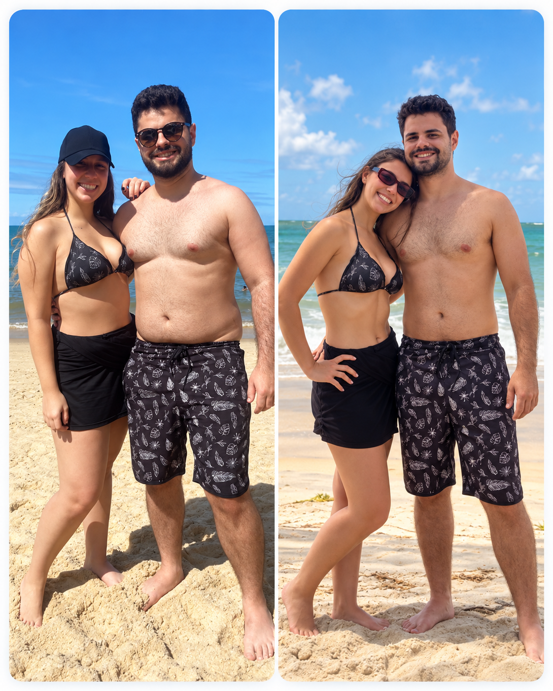 Registro comparativo de evolução corporal de casal na praia